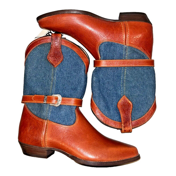 Frye Cowboy Boots Denim Brown Leather Silver Buckles Vintage Sz 8 RARE Deadstock - Picture 3 of 13